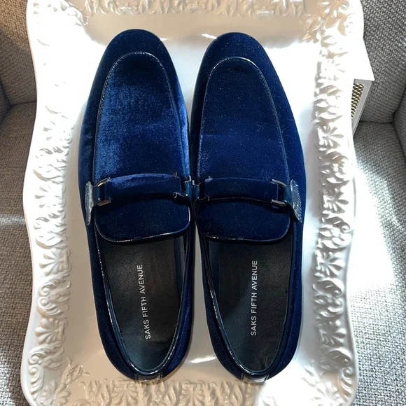 Saks Fifth Avenue Blue Velvet Shoes Sz.9 Saks Fifth Avenue COLLECTION Patent Velvet Loafers | Saks  main image 3